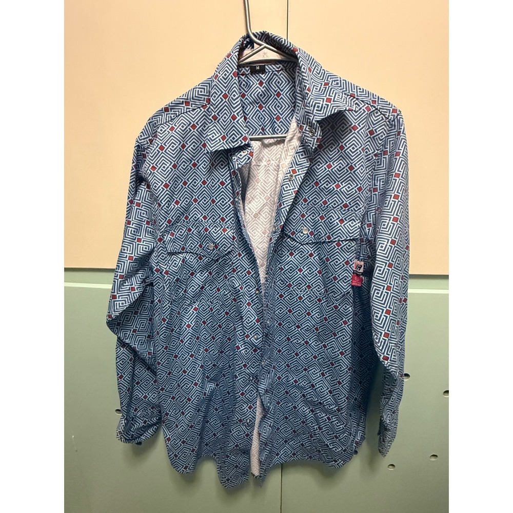 Vatrenus FR Flame Resistant Work Shirt Mens Medium Blue Geometric Snap Western - Picture 2 of 5